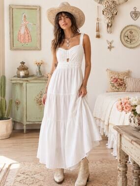 Tissini White Cotton Sundress XL Empire Waist Cutout Tiered Maxi Dress